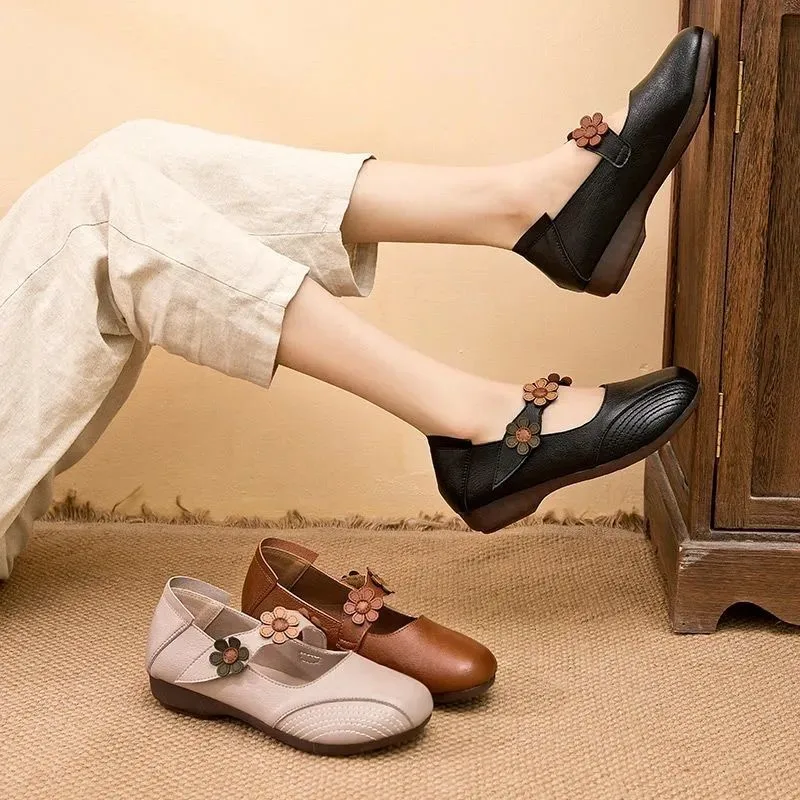 

2021 Spring New National Style Retro Round Head Women's Shoes Flowers Thick Bottom Flat Heel Single Shoes Leather Shoes