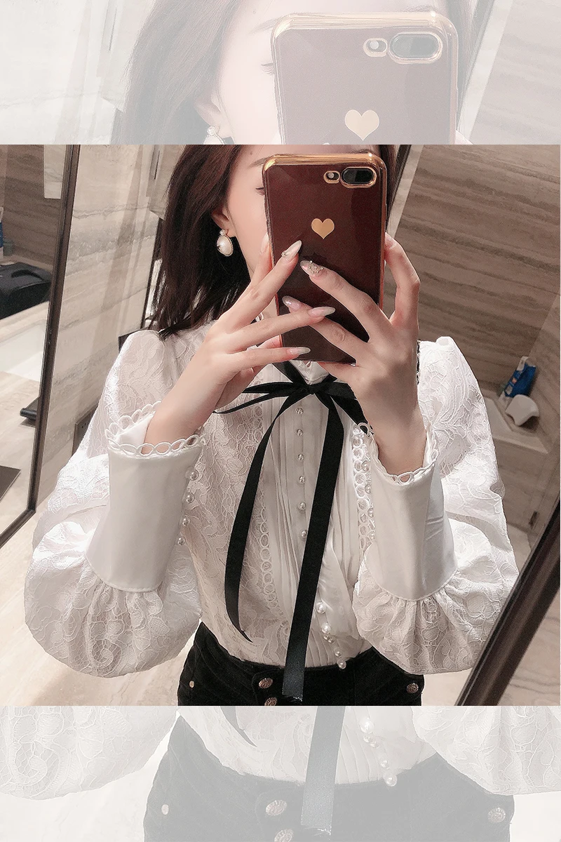 

Lace Fairy Style Pearl Buttons 2021 Spring Black Bow Sweet Girl Long Bubble Sleeve Shirt Top Women Elegant Clothing
