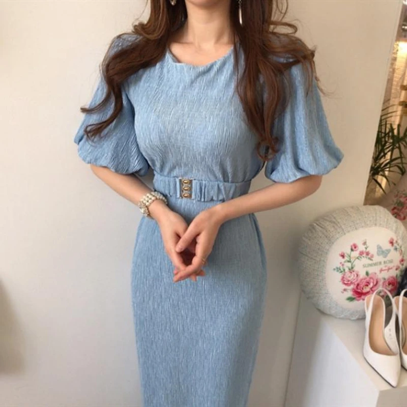 Women Summer Office Lady Solid Dress Puff Sleeve Midi Slim Elegant Female | Женская одежда