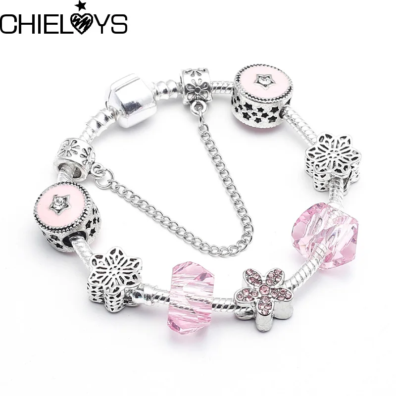 CHIELOYS,, весенний очаровательный браслет для женщин, розовые хрустальные бусины, Посеребренная Цепочка-змейка, брендовый браслет, ювелирное изделие, подарок
