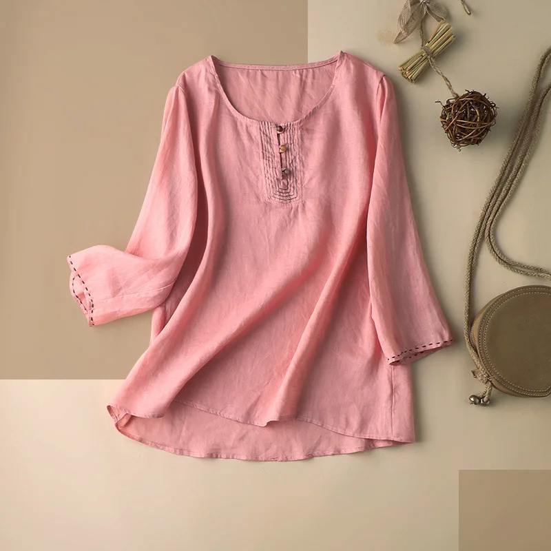 

Shuchan Three Quarter Sleeve Blouses for Women Summer Linen Indie Folk Solid O-Neck Womens Tops and Blouses loose