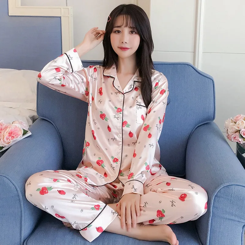 

Plus Size 5XL Silk Satin Pajama Sets for Women 2020 Autumn Long Sleeve Cute Cartoon Sleepwear Homewear Pijama Mujer Home Clothes