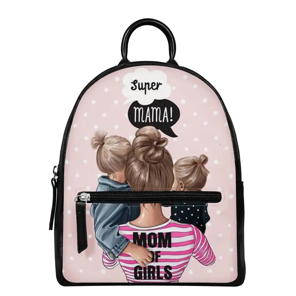 

HYCOOL Women Small Backpack Super Mom Kids Print PU Leather Zipper Backpack for Female Cosmetic Makeup Bags for Teenage Girl