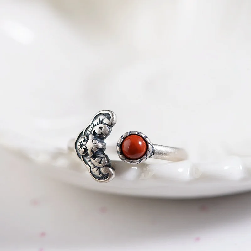 

FNJ 925 Silver Ring Original Pure S925 Sterling Silver Rings for Women Jewelry Open Adjustable Size Red Agate Bat