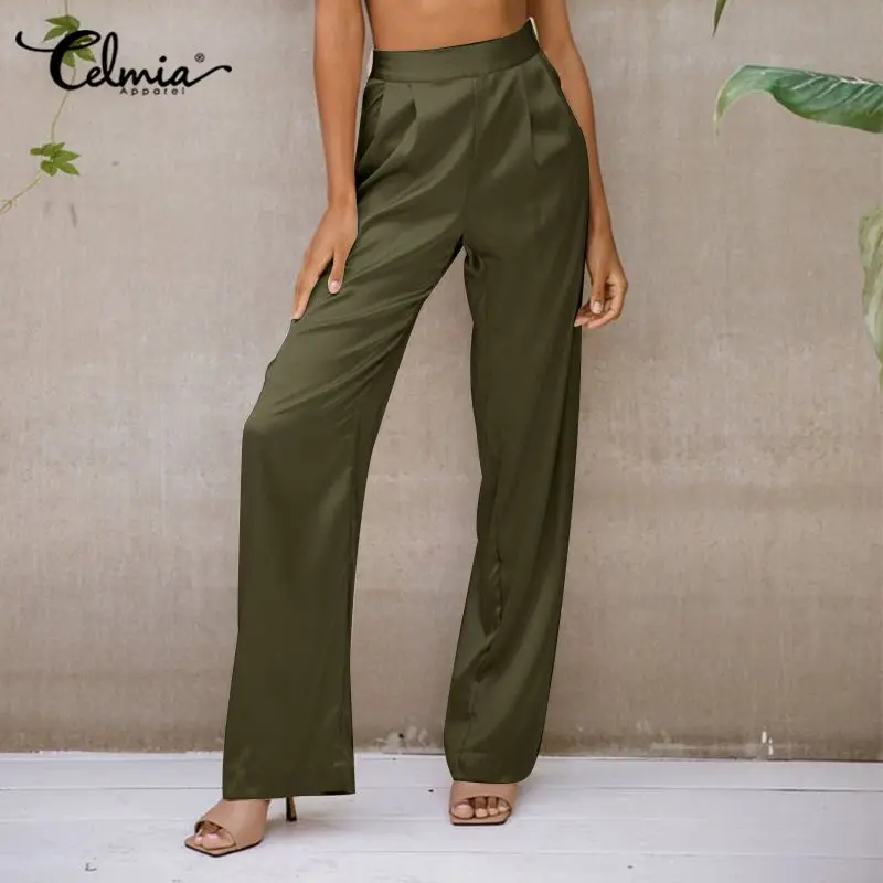 

Celmia Fashion Satin Pants Women Elegant High Waist Wide Leg Pant 2021 Autumn Office Lady Pleated Pantalon Casual Pockets Slacks