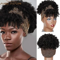 aisi hair synthetic headband wigs short black kinky curly wig with bangs afro puff wigs for women silver turban head wrap wig