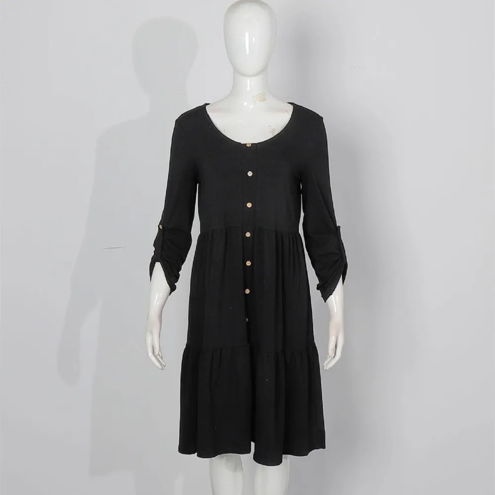 

2021 Autumn And Winter New Women's V-Neck Long-Sleeved Button Casual Loose Knee-Length Pullover Splicing Dress Vestidos De Mujer
