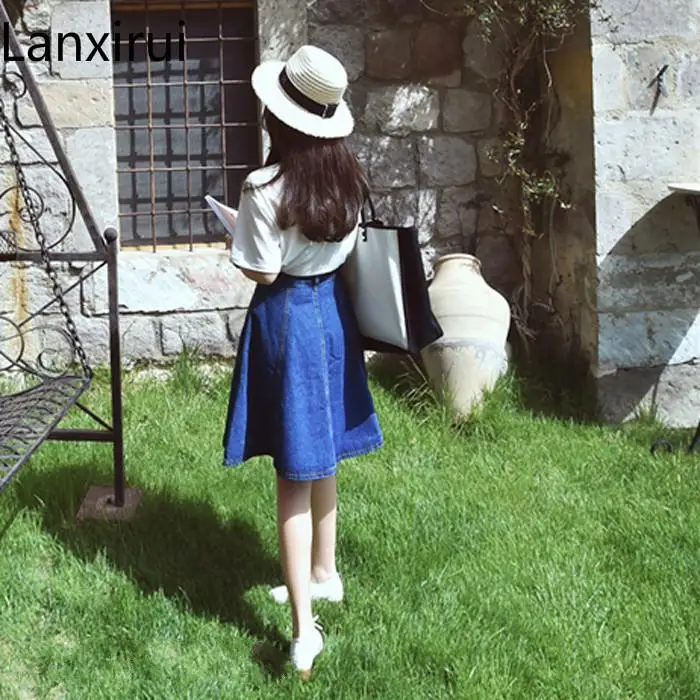 Женская джинсовая юбка трапециевидная до колен с пуговицами спереди высокой