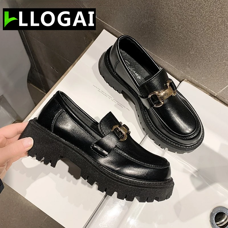 

Metal 2021 Women Pumps Autumn Women's Flat Shoes Fashion Women Shoes Ladies Leather Platform Shoes Casual Buckle Students Shoes