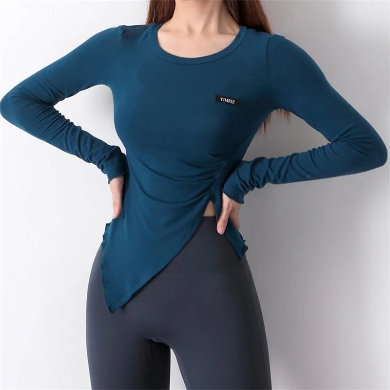 Women Yoga Long-Sleeved Top Side Gym Exercise Fitness Blouse Split Sexy Running Breathable Sports Pilates Push-Up Top