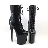 leecabe shinny black 20cm8inches pole dancing shoes high heel platform boots closed toe pole dance hight boot