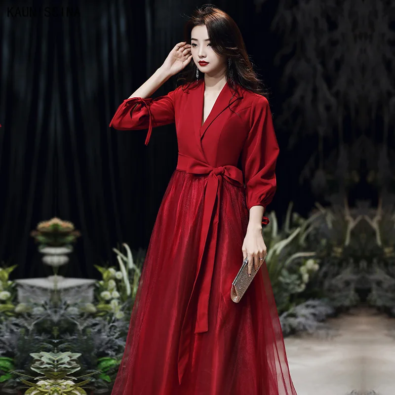 

KAUNISSINA Evening Dresses Long V-Neck Three Quarter Sleeve Party Dress Women Elegant Evening Gowns vestidos de fiesta de noche