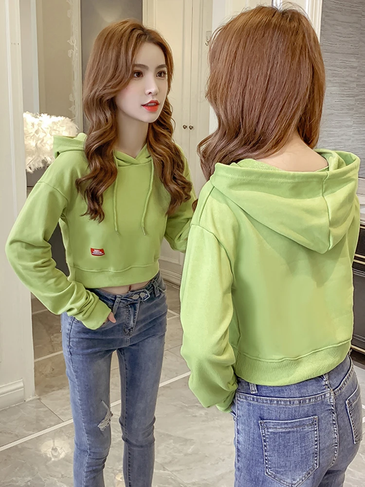 

Women Hoodie Harajuku Korean Version Loose Thin Long sleeve Hooded Sun Protection Coat Solid Color Short Shirt Student Girl Tops