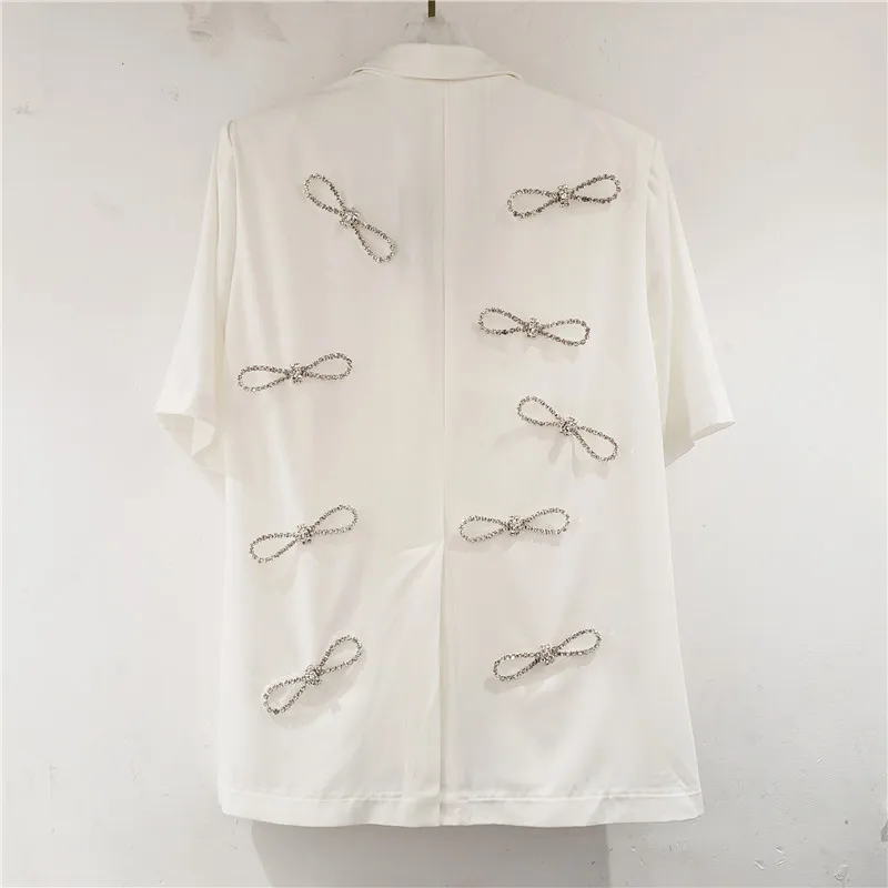 

High Street Rhinestone Bow Decoration Fashion Short Sleeve Blazer Jacket + Suit Shorts Two-Piece Suit Lady Cool Workwear White
