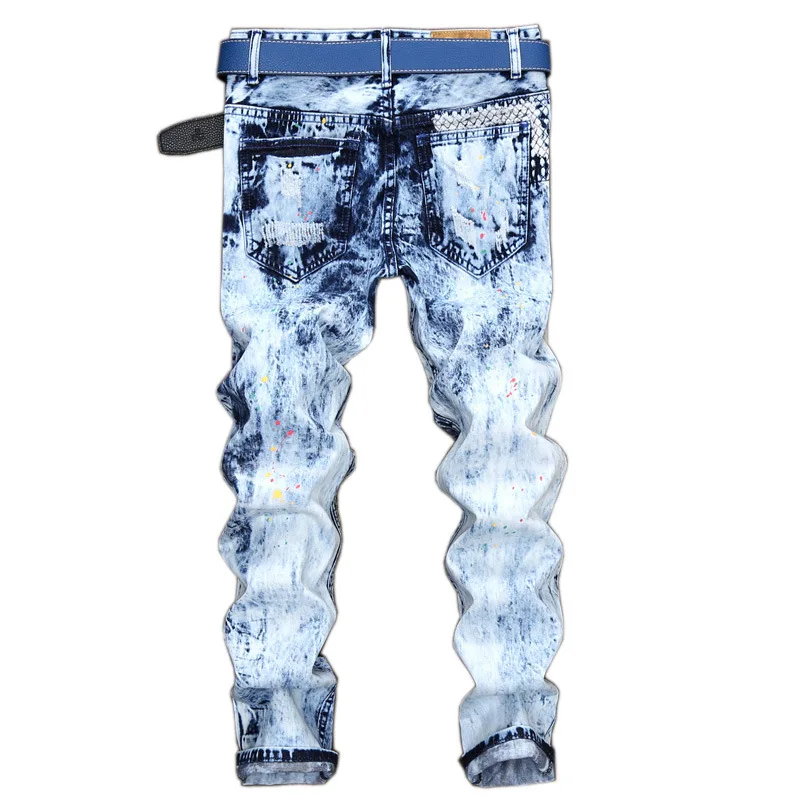 Men's fashion Slim Splash hole straight jeans Long trousers Hip Hop pants light blue patchwork print ripped denim jeans pants