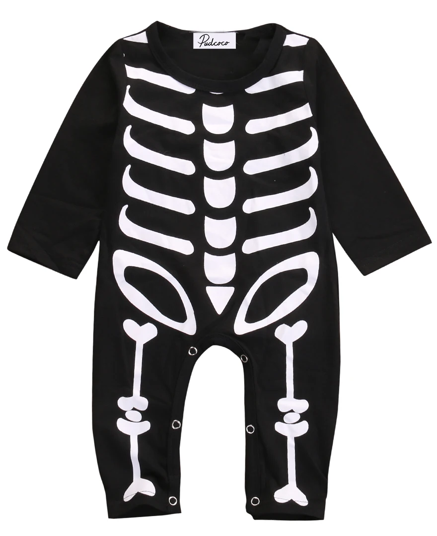 

Newborn Baby Boy Girl Halloween Rompers Long Sleeve Black Cotton Jumpsuits Skull Playsuit Novelty Outfit 0-24M