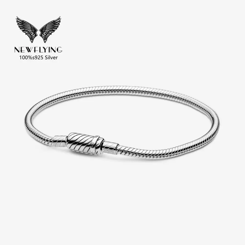 

925 Sterling Silver Magnetic Clasp Snake Chain Bracelet Sliding Soft Moment Bracelet Fit Pandor Charm For Women