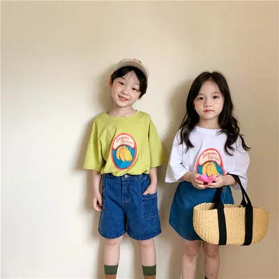

Children's Fashion T-shirt 2021 Summer New Korean Cartoon Printing Compassionate Half-sleeved Top Tee Sister and Brother T-shirt