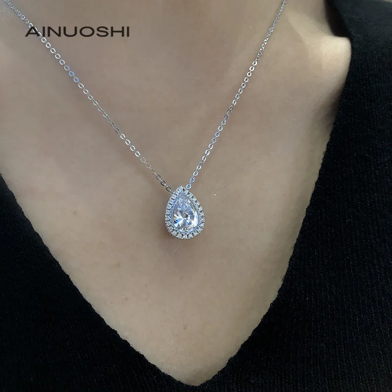 

AINUOSHI Handmade 925 Sterling Silver7x10mm Pear-shaped Simulated SONA Diamond Classic Trendy Pendant Necklace for Women Jewelry