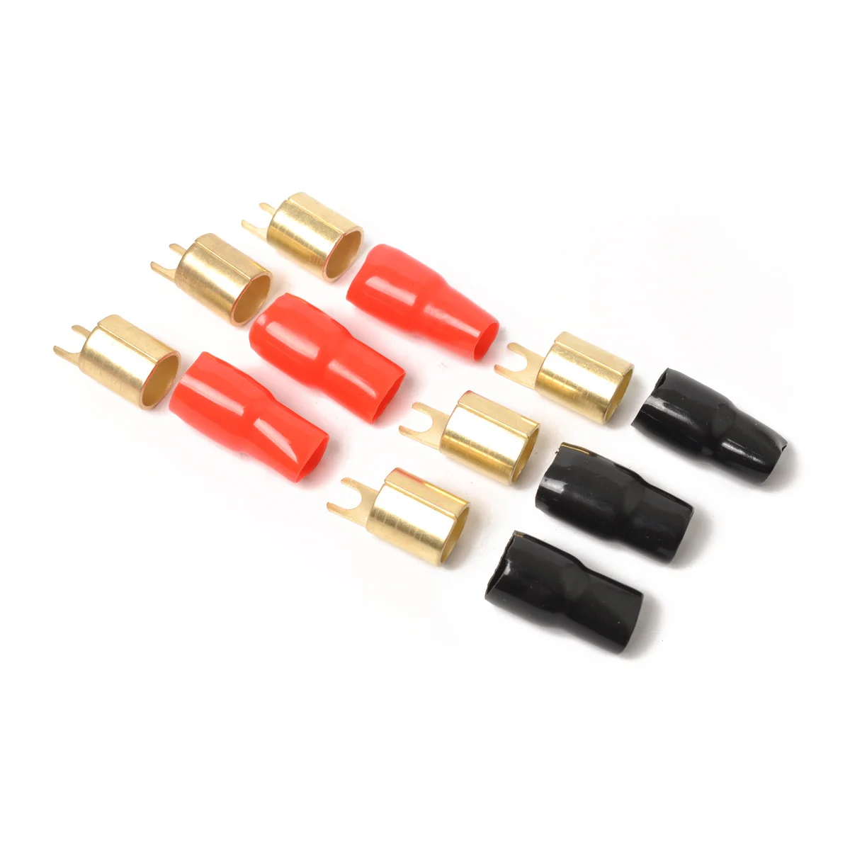 

6 Pack Car Audio Power Ground Wire Fork Terminals Brass 1/0 Gauge Connectors Red and Black Boots
