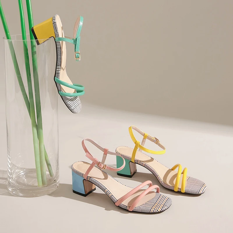 

ISNOM Fashion Women Sandals Narrow Band Mixed Color Ladies Sandals Thick High Heels Shoes Woman Summer Dress Sandals Buckle