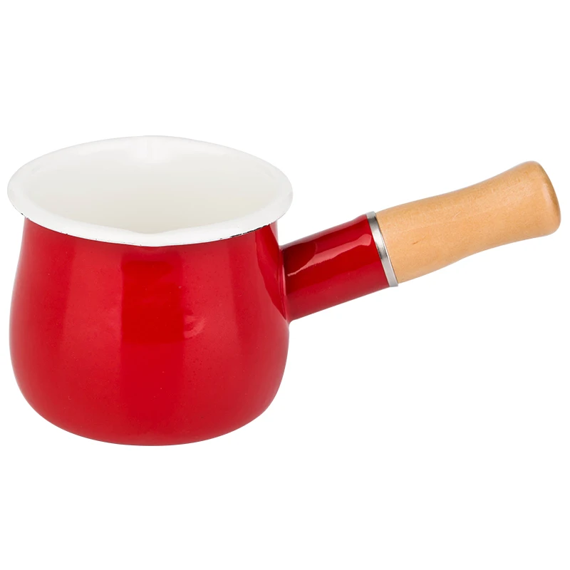 

500ml Milk Pot with Wooden Handle Enamel Butter Coffee Pot Mini Saucepan Cookware Pan for Gas Cooker Kitchen Tool Cute Pans