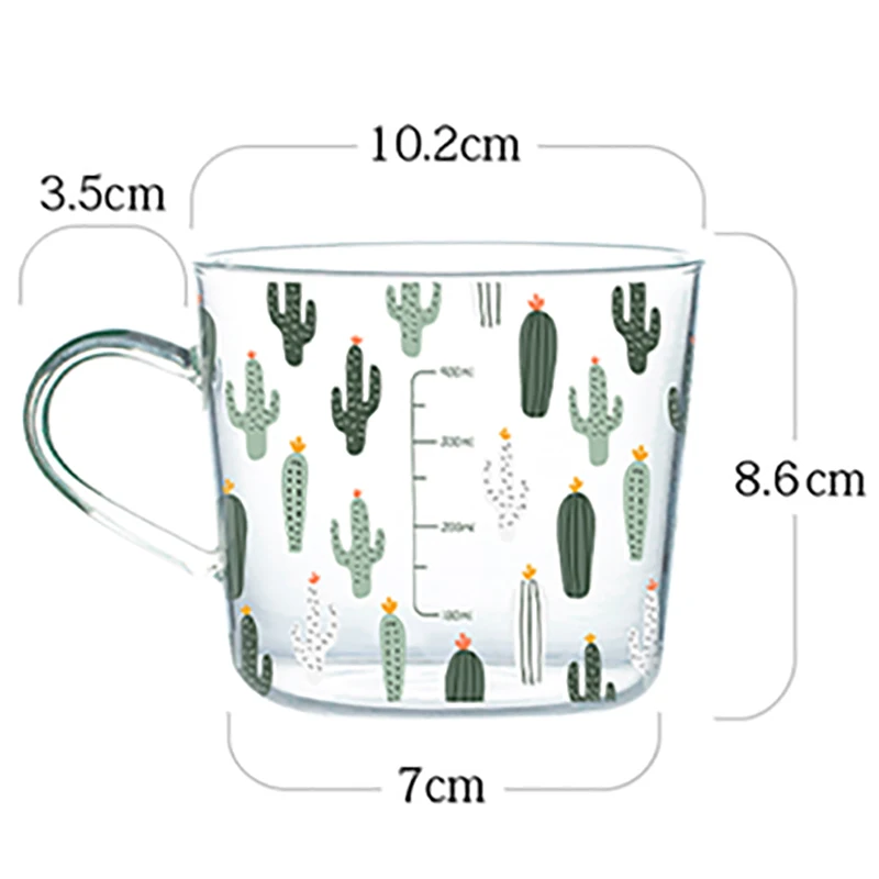 

500Ml Graduated Cactus Yellow Peach Printing with Spoon Coaster Heat-Resistant Glass Breakfast Coffee Milk Juice Cup Have Handle