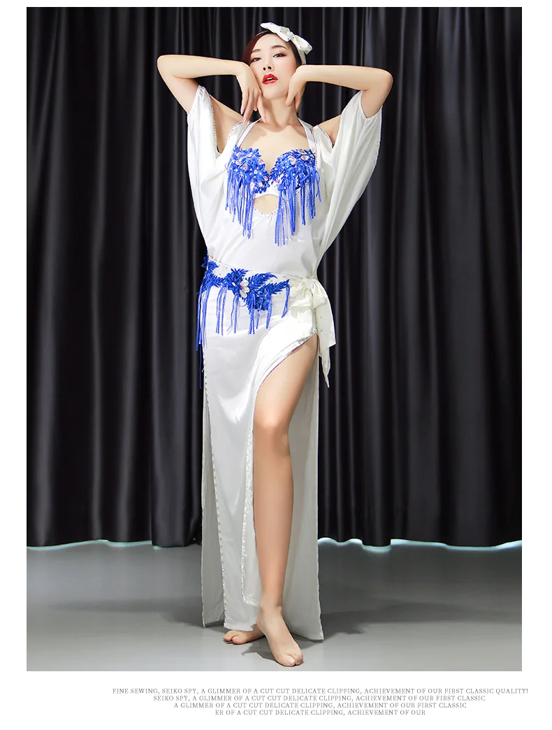 

Women Belly Dance Robe Baladi Group Performance Suit Oriental Dance Costume Long One Piece Dress Robe+hip scarf+bra+head scarf