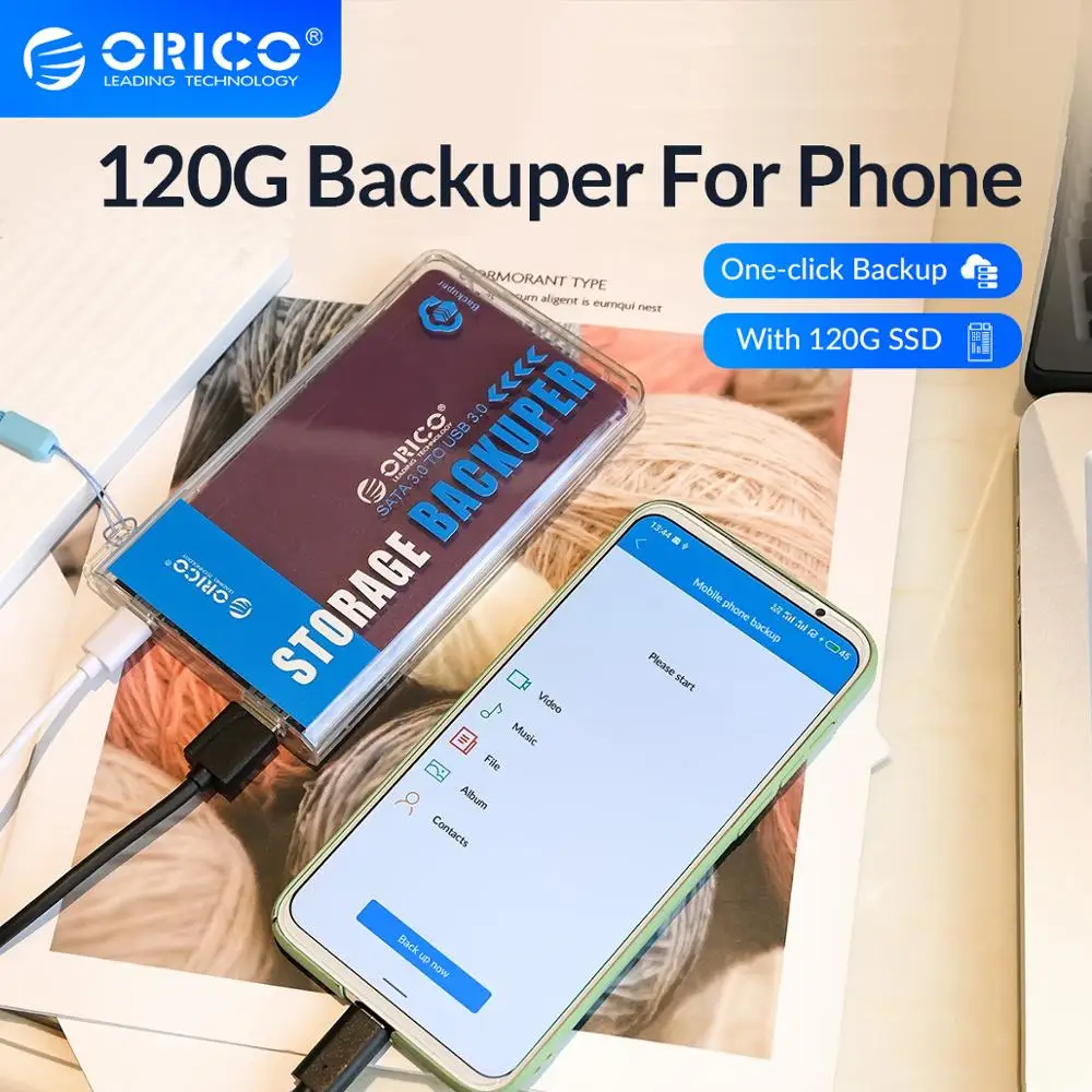 

ORICO Backuper With 120G SSD Backup for Phone Photo Video Music Movie Ad Book 5Gbps SATA TO USB C Port One-touch Backup/Delete