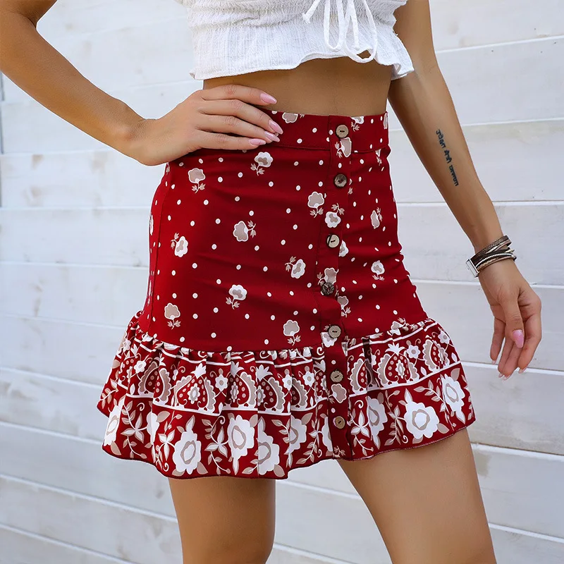 

2021 summer new style European and American fashion wild floral a-line short ruffle skirt women