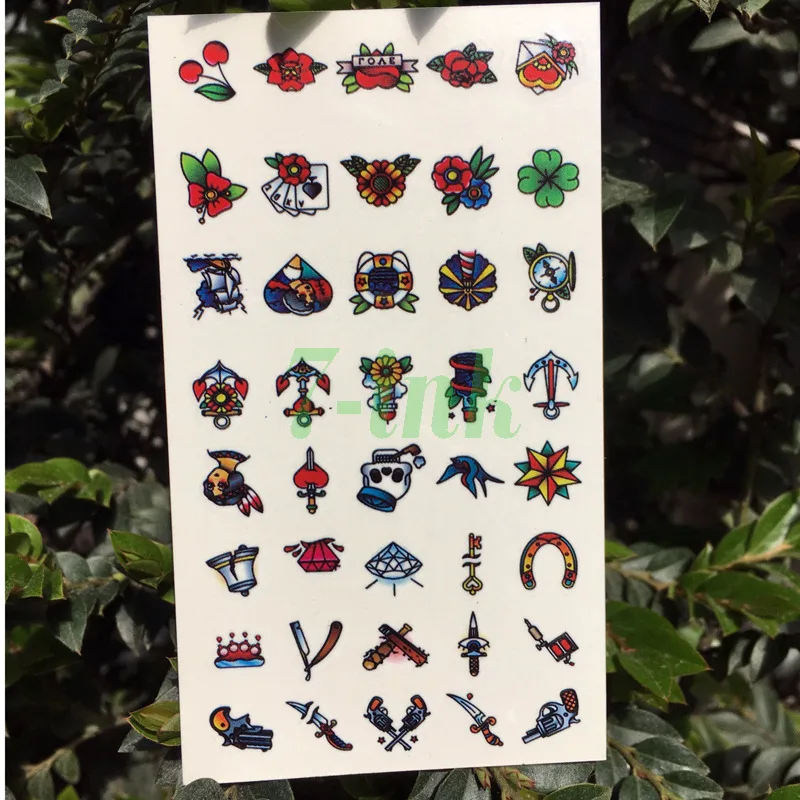 Водостойкая Временная тату наклейка старая школа цветочный пистолет нож якорь