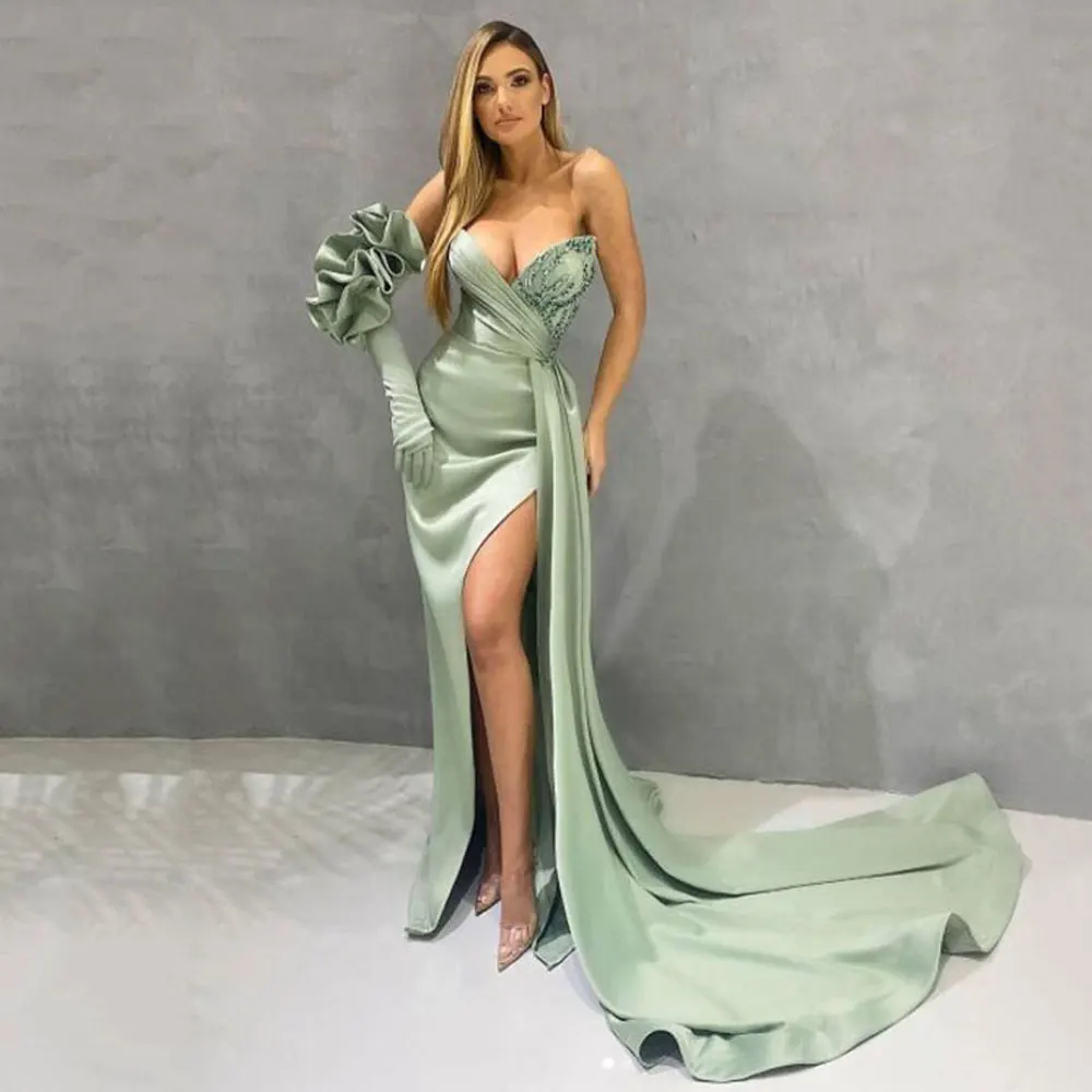 

Green Satin High Side Slit Prom Gowns V-neck Sexy Appliques Mermaid Evening Dresses Party Cocktail Custom Made Robe De Soiree