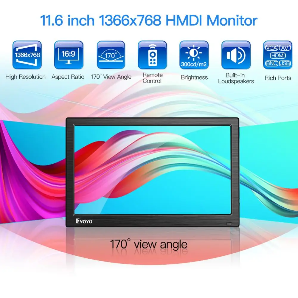 Eyoyo EM12D IPS портативный HDMI BNC монитор 12 дюймов ЖК экран 1366x768 с VGA AV USB Built in динамик для