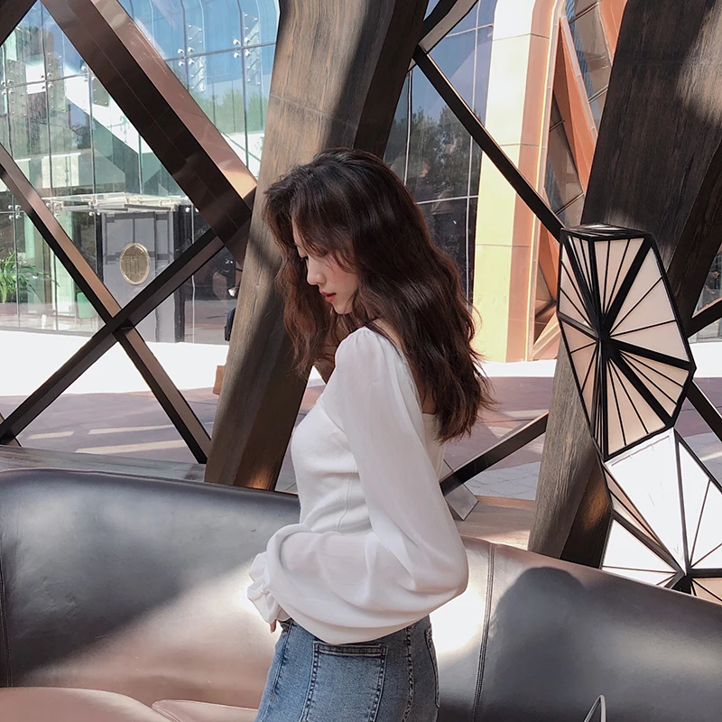 Women Slim Patchwork Chiffon Full Lantern Sleeve Square Collar Cropped T-Shirts Lady Knitted Stretchy Crop Tops Tshirt For Girls