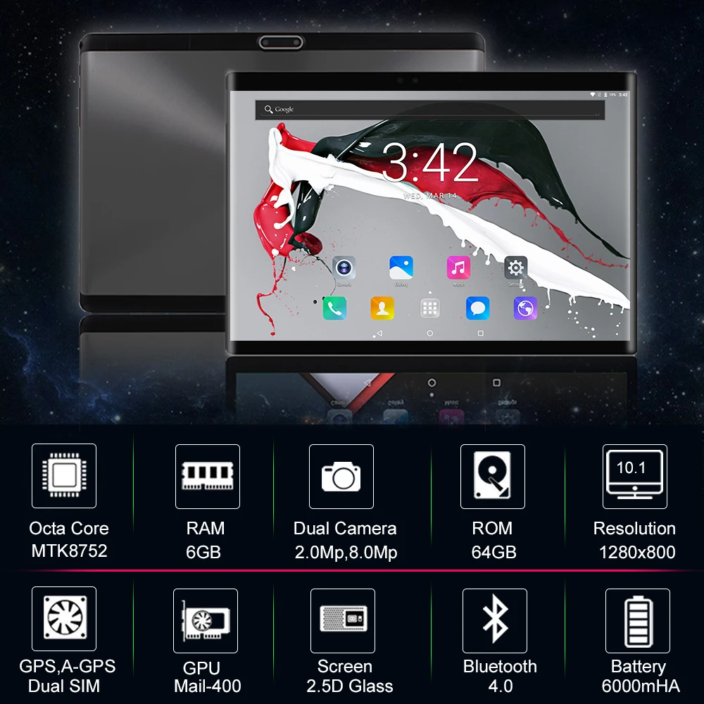 Планшеты 10,1 дюймов Android 8,0 Octa Core 6 ГБ Оперативная память 64 Гб Встроенная память 3g 4 аппарат не привязан к оператору сотовой связи 1280*800 ips 5.0MP сим-карты ips стекло для ПК, планшета Экран 10