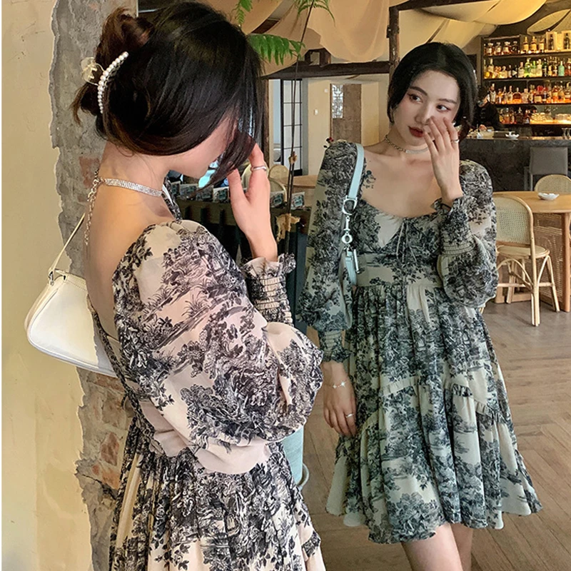 

New Women's Elegant Vintage Korean Fashion Niche Floral Midi Dress with Square Collar Lantern Sleeve Sexy Dresses Female 2021