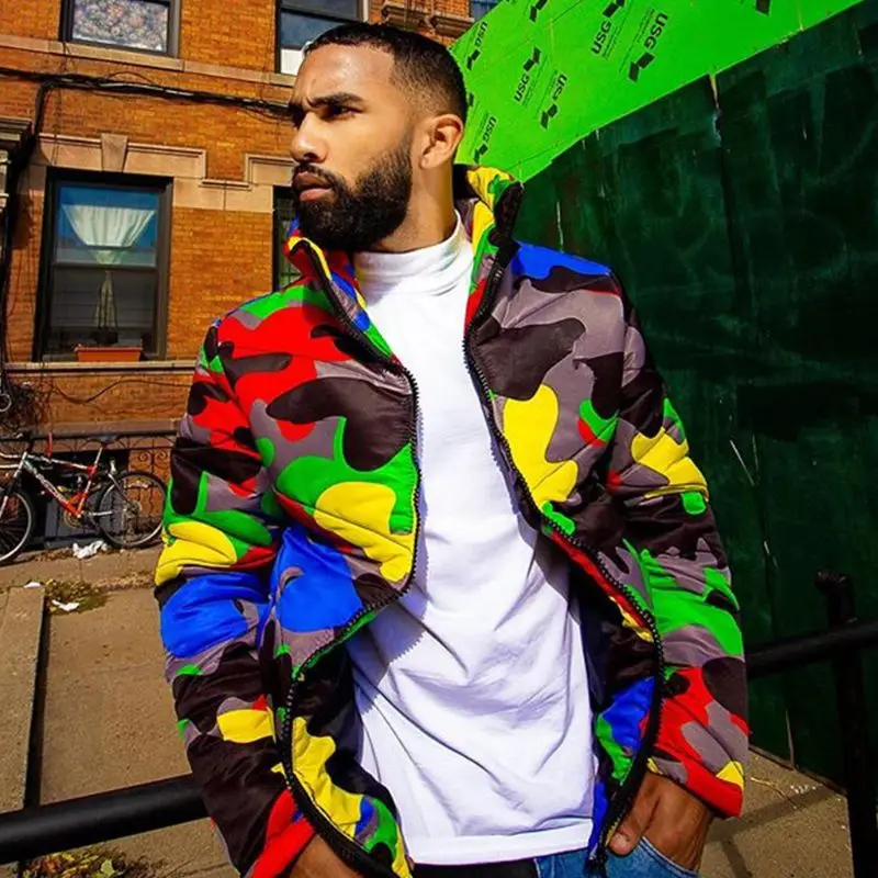 

Women Men Winter Turtleneck Down Coat Colorful Camouflage Printed Puffer Jacket Warm Thicken Padded Full Zipper Outwear H9ED