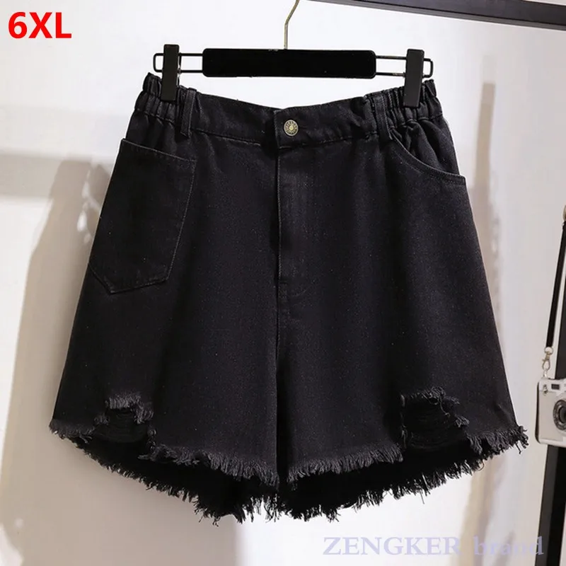 women's summer high-waist straight wide-leg shorts loose ripped raw edge denim shorts plus size clothing for women 4xl 5xl 6xl