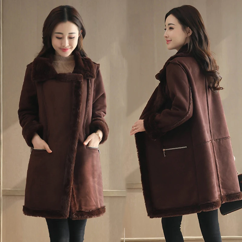 Winter Women Zipper Medium Long Coats Cotton Solid Long Sleeve Outerwear Thick Parkas Female Lambswool Casual Trench New Jackets