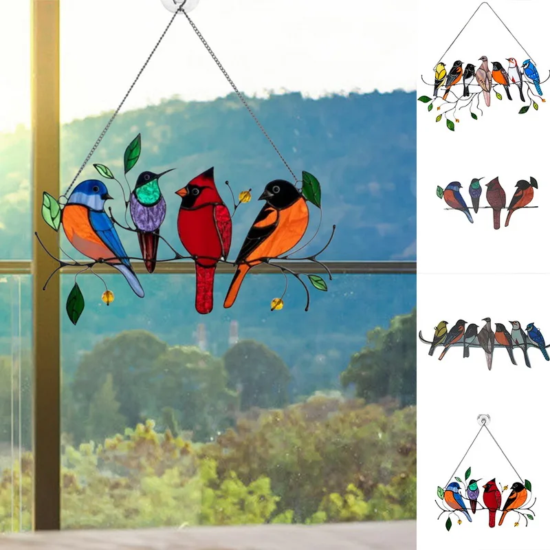 

Stained Glass Parrot Birds On A Wire Hanging Window/Wall Panel Glass Wall Home Hanging Decorations With Chain Suncatcher P1