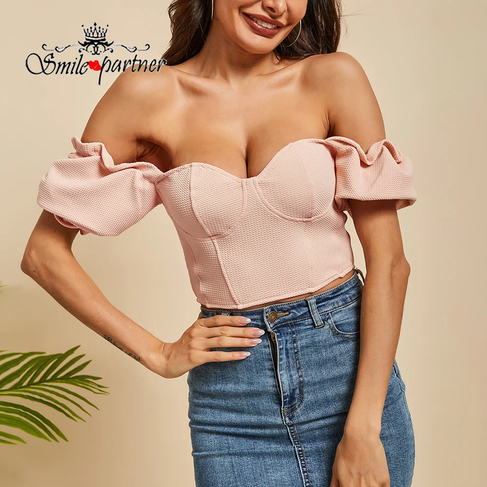 

Smile Women Square Collar Ponk Tops Ladies Sexy Club Wearing Woman New Street Soft Off Shoulder Crop Tops A210321
