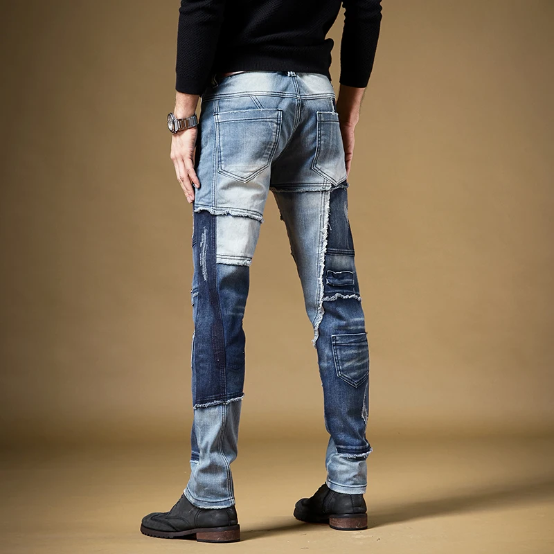 Men Blue Patchwork Jeans Retro Stretch Straight Pants Cotton Slim Fit Jean Streetwear Denim Trousers