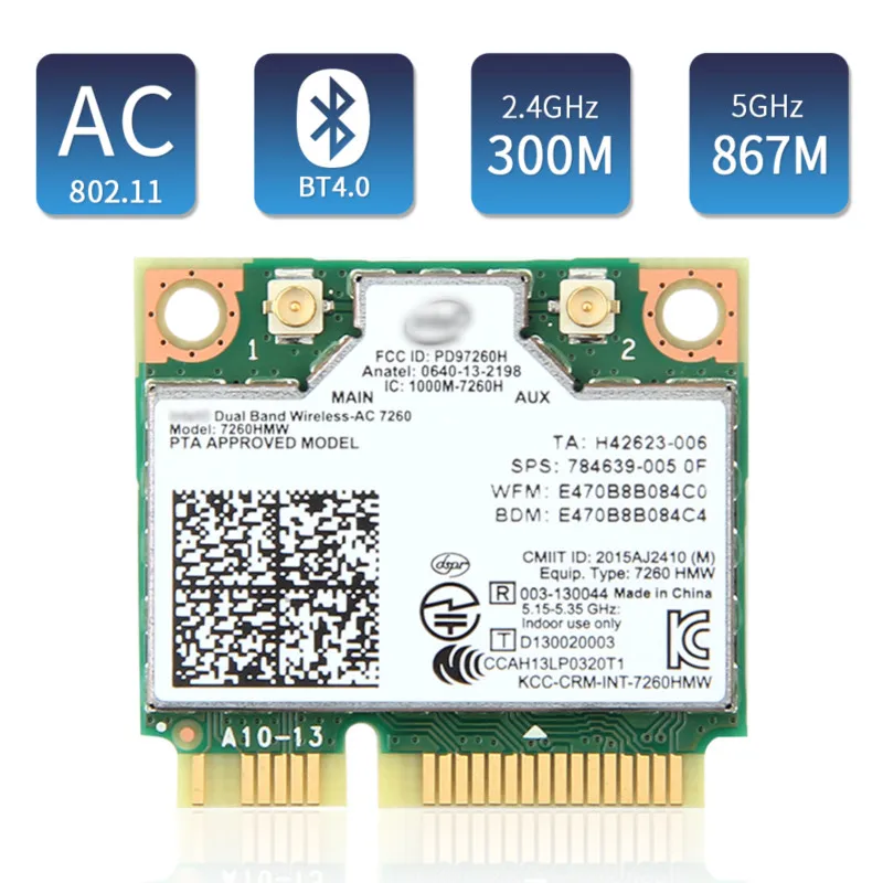 

Dual Band Intel 7260HMW Mini PCIE Wifi Network Card For AC7260 2.4G/5Ghz Bluetooth 4.0 802.11ac/a/b/g/n WiFi Adapter For Desktop