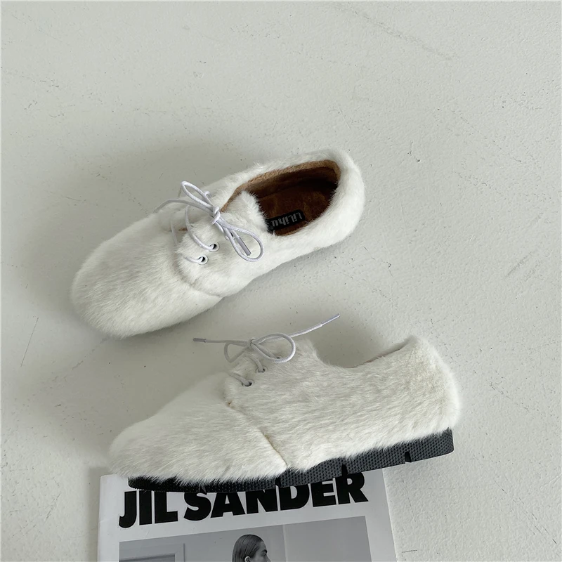 

Autumn Winter Flats Shoes Women Fur Loafers Cross Strap Shallow Shoes Laides Round Toe Furry Slides Comfortable Zapatos De Mujer