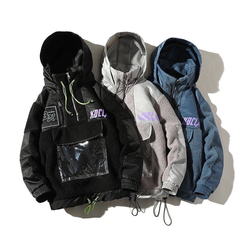 

21 winter models white bottom thickening tide brand lamb fur one-piece hooded jacket cotton jacket men