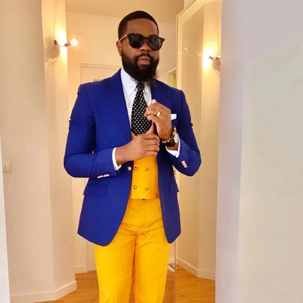 

Last Design Royal Blue Men Suits Slim Fit Jacket+Yellow Vest+Pants 3 Pices Busiess England Style Wedding Tuxedo Custom Made 2022
