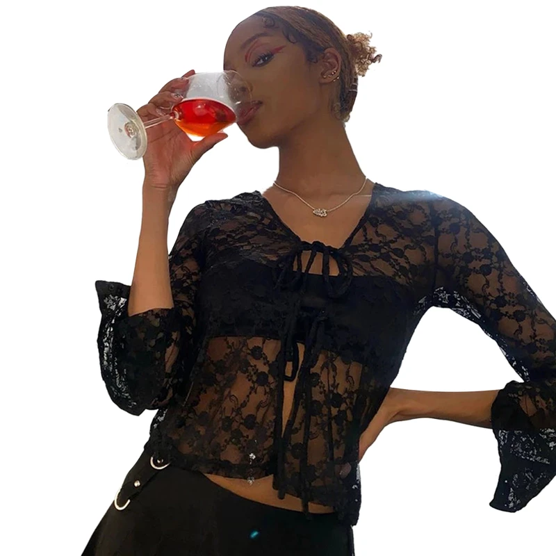 

Женский пикантный прозрачный сетчатый кардиган Y2K, футболка для девушек с длинным рукавом и пуговицами, кружевной кроп-топ для E-Girl