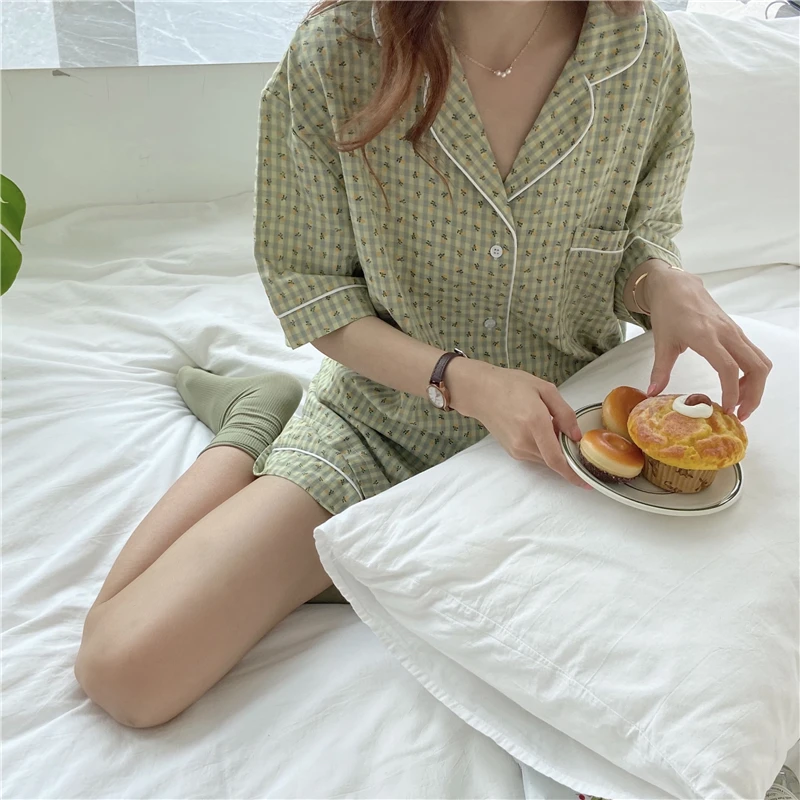 

Floral Print Summer Pajamas Set Women Korean Vintage Home Suit Sleepwear Cotton Sweet Loose Soft Home Clothes Lady 2021