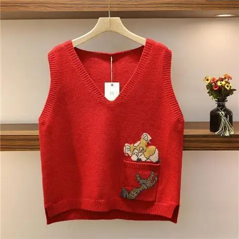 

Красный вязаный свитер без рукавов с карманами в виде мультяшного кота RU, Свободный жилет с V-образным вырезом, женский топ, тканевый жилет для девушек и женщин на осень