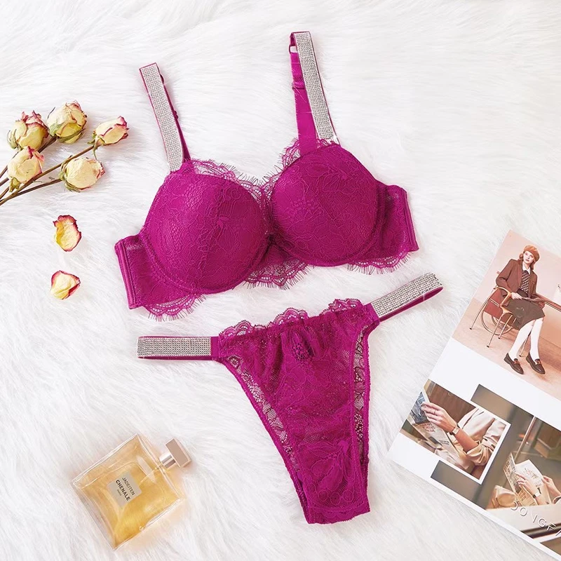 Letter Rhinestone Brand Lingerie Set Women Sexy lace Push Up Bra Panty 2 Piece Brief Sets Pink Comfort Underwear Set lenceria